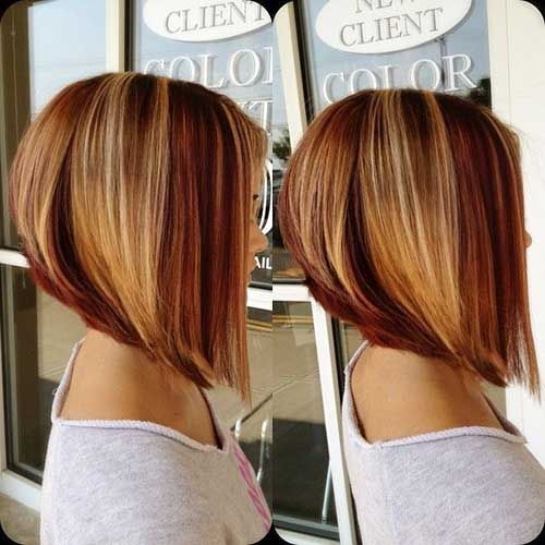50 Hair Color Ideas for Women Over 40 (Updated 2022) 14.-Red-honey-blonde-lowlights-inverted-bob