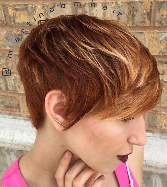 50 Hair Color Ideas for Women Over 40 (Updated 2022) 32.-Light-auburn-ombre-edgy-pixie