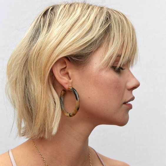 Neutral Blonde Slicked Blunt Bob with Bangs