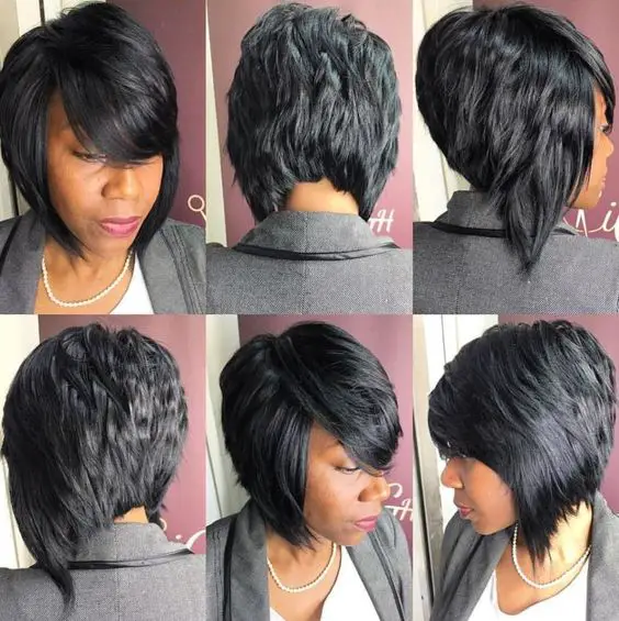 Stacked angled bob with bangs and waves