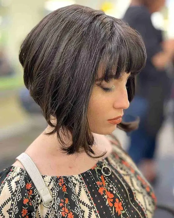 20 Beautiful Short Haircuts and Hair Styles for Women (Updated 2022) 18.-Stacked-angled-bob-with-bangs