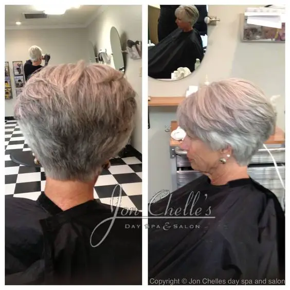 pretty short angled wedge haircut for women over 60