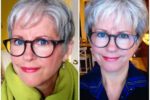 Short Pixie Hairstyle For Older Women With Grey Hair And Glasses