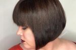Stacked Angled Brown Pixie With Bangs